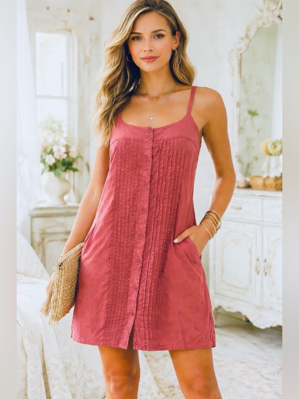 EILEEN FISHER PINK ROSE LINEN PINTUCK BUTTON UP SLEEVELESS POCKETS MINI DRESS 6